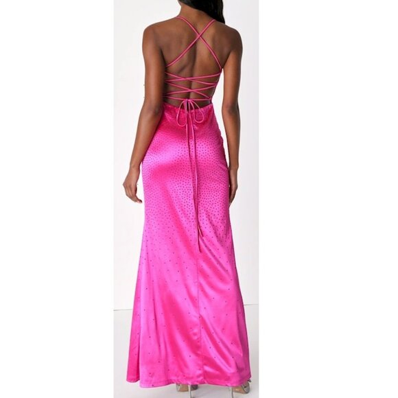 Lulus Radiant Stunner Hot Pink Satin Rhinestone Lace-Up Maxi Dress Large New NWT - Picture 3 of 6